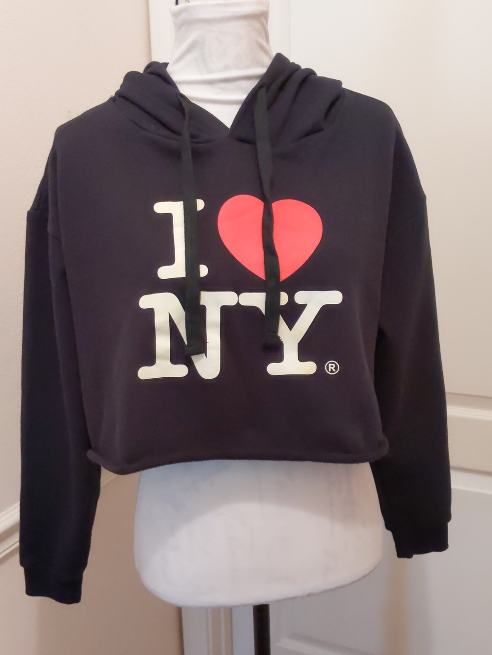 I Love NY Cropped Sweatshirt Hoodie Black Size Medium